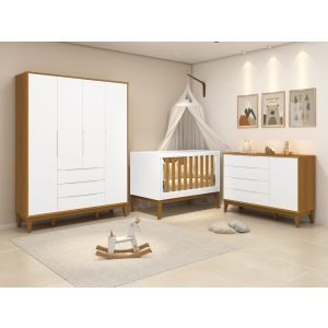Quarto de bebê Elfe com guarda-roupa 4 portas, cômoda com porta e berço minicama Noah Branco fosco/Savana Reller