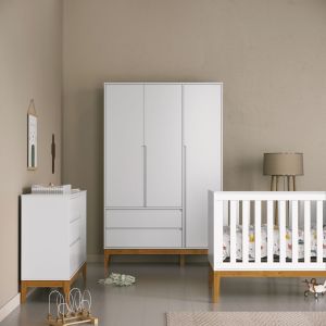Quarto de bebê Nature Clean com guarda-roupa 3 portas, cômoda com porta e berço Unique Matic branco/ecowood