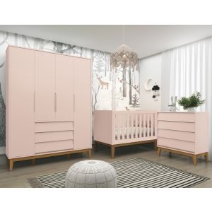 Quarto de bebê Noah Classic com guarda-roupa 4 portas, cômoda gaveteiro e berço minicama rosa/madeira Reller